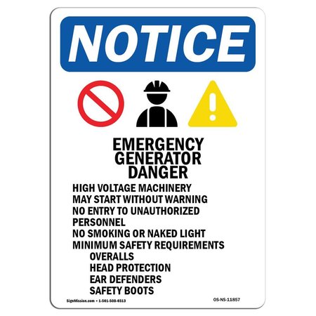 SIGNMISSION OSHA Notice, 7" Height, Emergency Generator Sign With Symbol, 7" X 5", Portrait OS-NS-D-57-V-11857